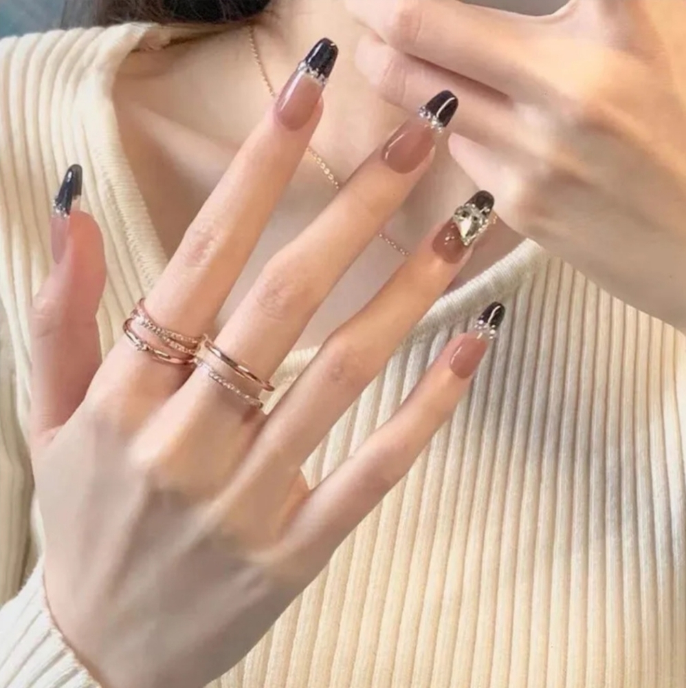 press on acrylic nails Diamond long nails black beige